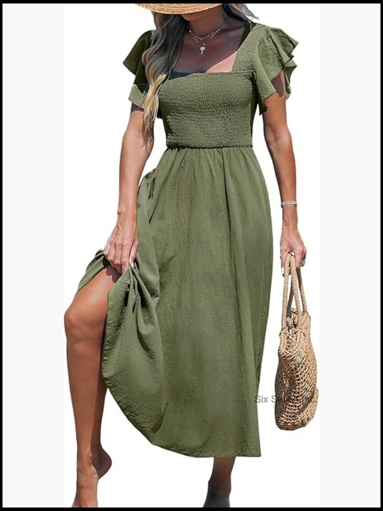 100% Cotton Square Neck Smocked Maxi Dress With Ruffled Cap Sleeves